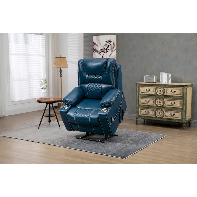 Poltrona reclinabile oversize blu in ecopelle PU con sollevamento elettrico, massaggio, riscaldamento e posizione completamente reclinata