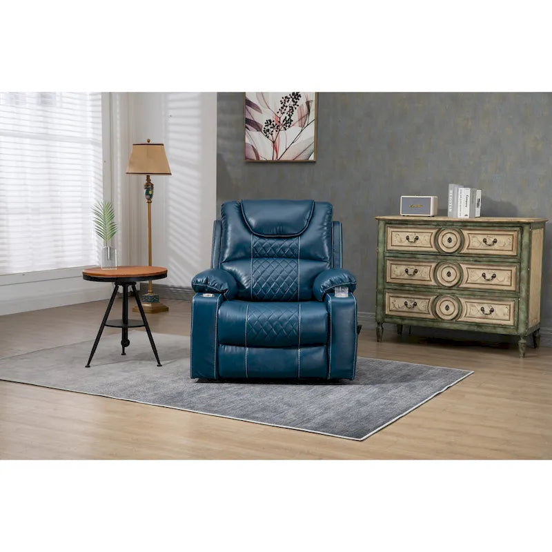 Blauer übergroßer Power-Lift-Sessel aus PU-Leder mit Massage, Heizung und Liegefunktion