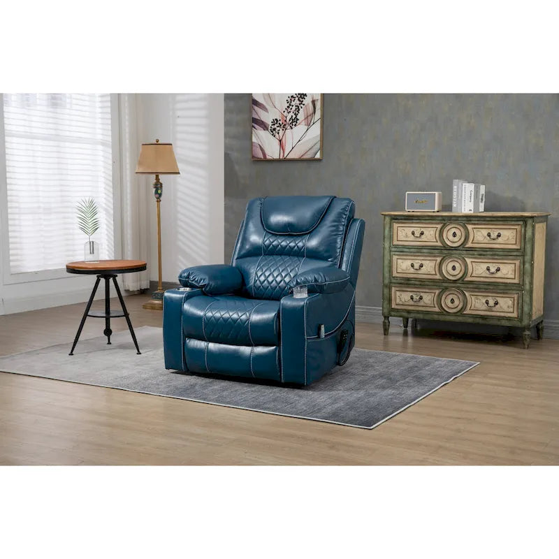 Blauer übergroßer Power-Lift-Sessel aus PU-Leder mit Massage, Heizung und Liegefunktion