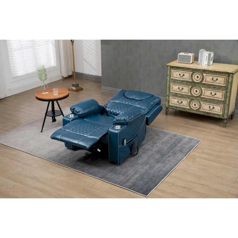 Blauer übergroßer Power-Lift-Sessel aus PU-Leder mit Massage, Heizung und Liegefunktion