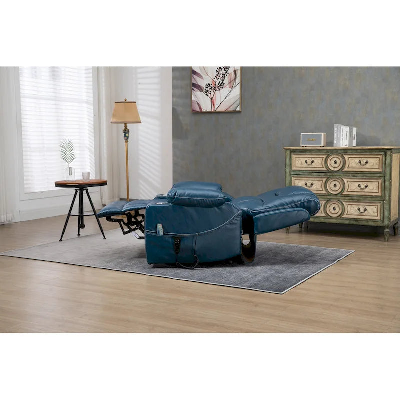 Poltrona reclinabile oversize blu in ecopelle PU con sollevamento elettrico, massaggio, riscaldamento e posizione completamente reclinata