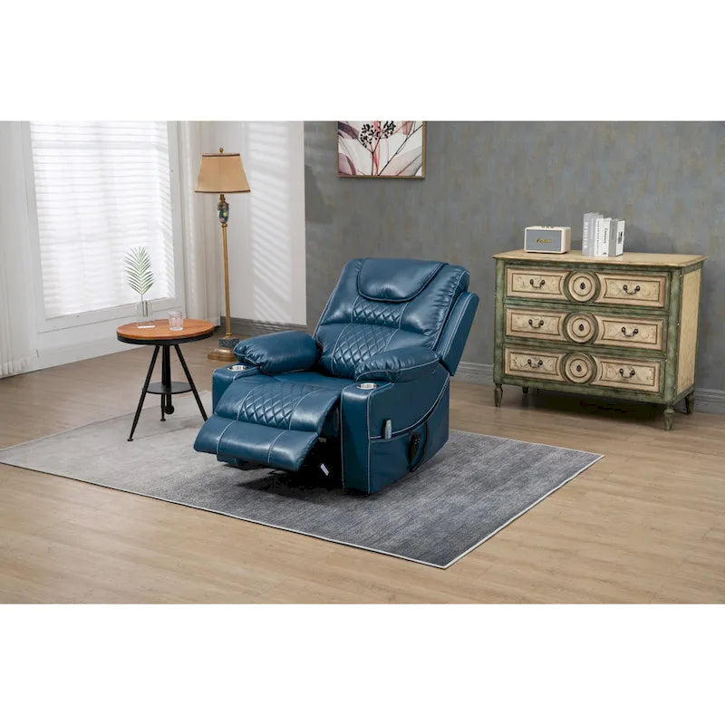 Poltrona reclinabile oversize blu in ecopelle PU con sollevamento elettrico, massaggio, riscaldamento e posizione completamente reclinata