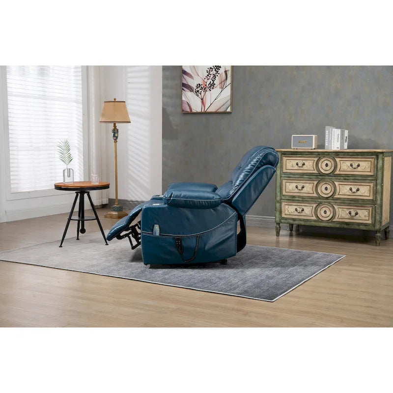 Poltrona reclinabile oversize blu in ecopelle PU con sollevamento elettrico, massaggio, riscaldamento e posizione completamente reclinata