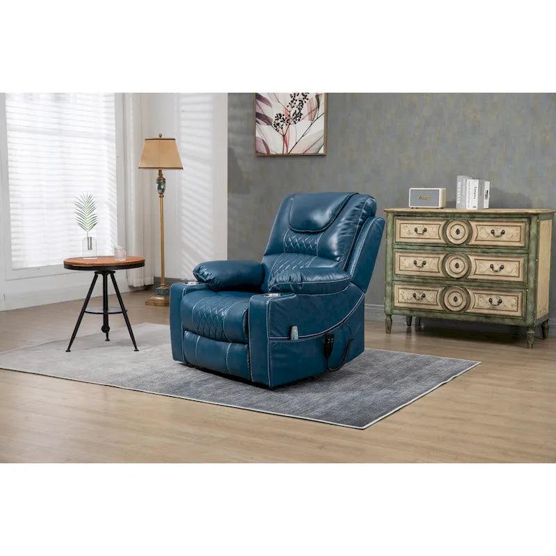 Poltrona reclinabile oversize blu in ecopelle PU con sollevamento elettrico, massaggio, riscaldamento e posizione completamente reclinata