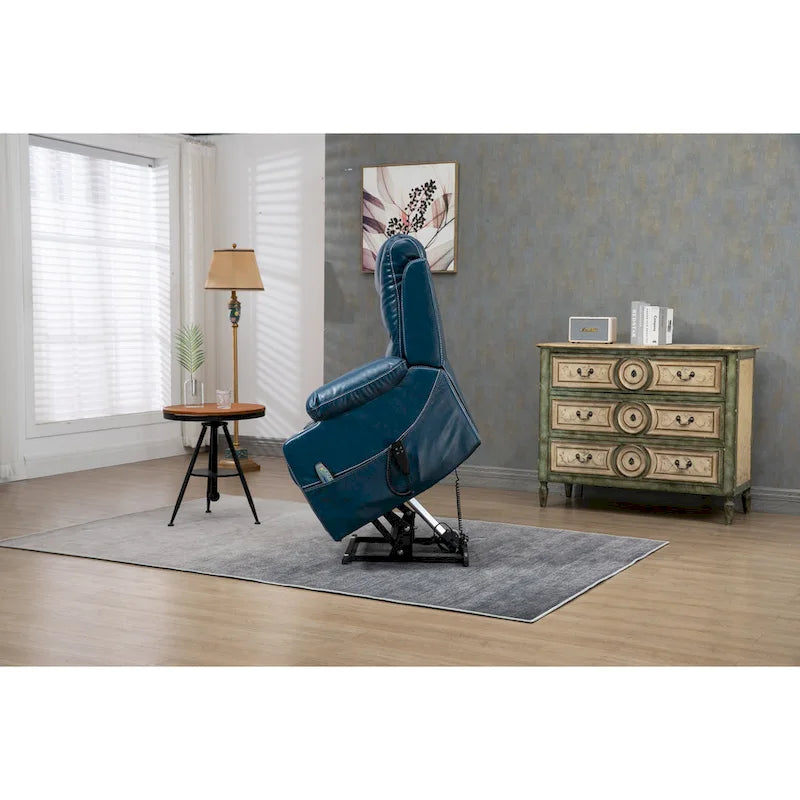 Poltrona reclinabile oversize blu in ecopelle PU con sollevamento elettrico, massaggio, riscaldamento e posizione completamente reclinata