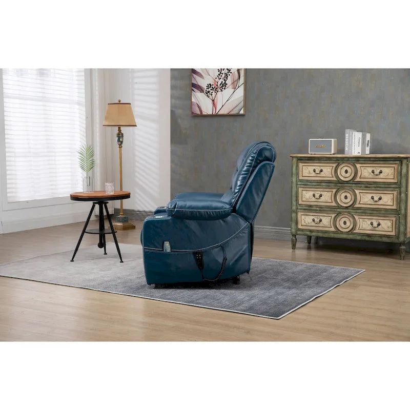 Poltrona reclinabile oversize blu in ecopelle PU con sollevamento elettrico, massaggio, riscaldamento e posizione completamente reclinata