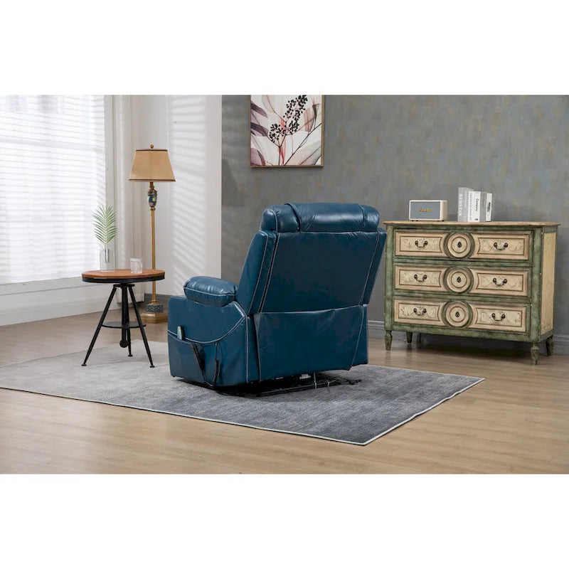 Poltrona reclinabile oversize blu in ecopelle PU con sollevamento elettrico, massaggio, riscaldamento e posizione completamente reclinata