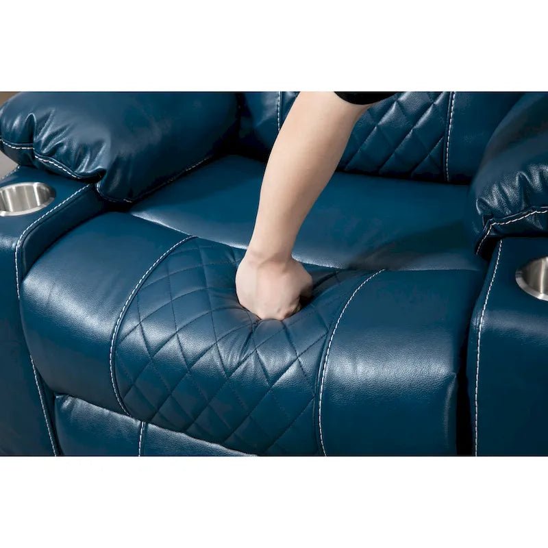 Poltrona reclinabile oversize blu in ecopelle PU con sollevamento elettrico, massaggio, riscaldamento e posizione completamente reclinata