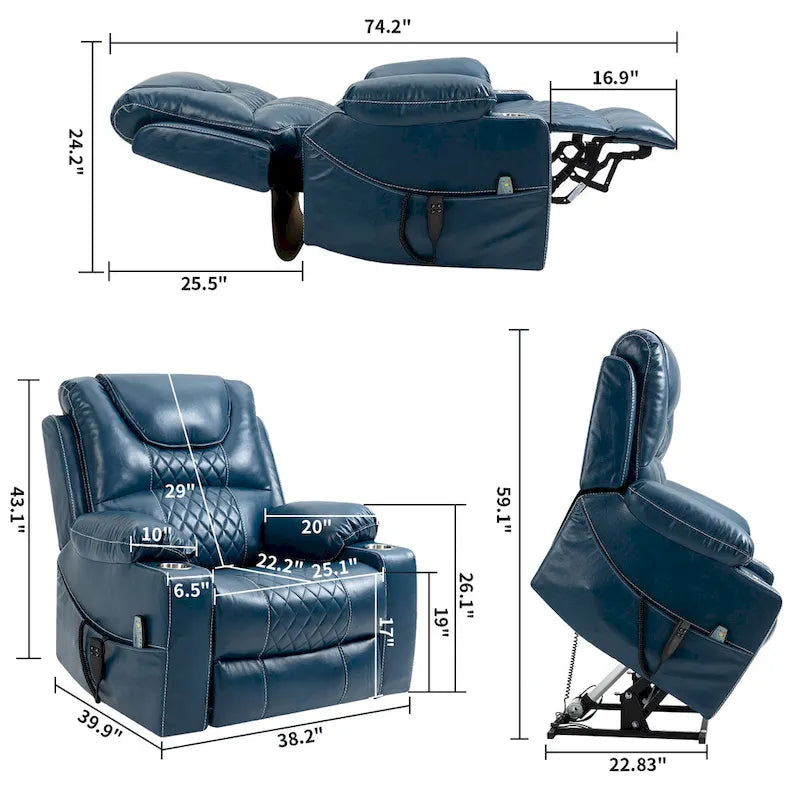 Poltrona reclinabile oversize blu in ecopelle PU con sollevamento elettrico, massaggio, riscaldamento e posizione completamente reclinata