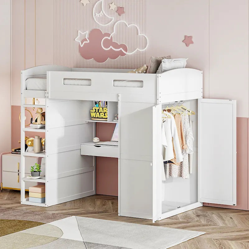 Letto a soppalco singolo con scrivania, armadi, 4 cassetti e 4 mensole