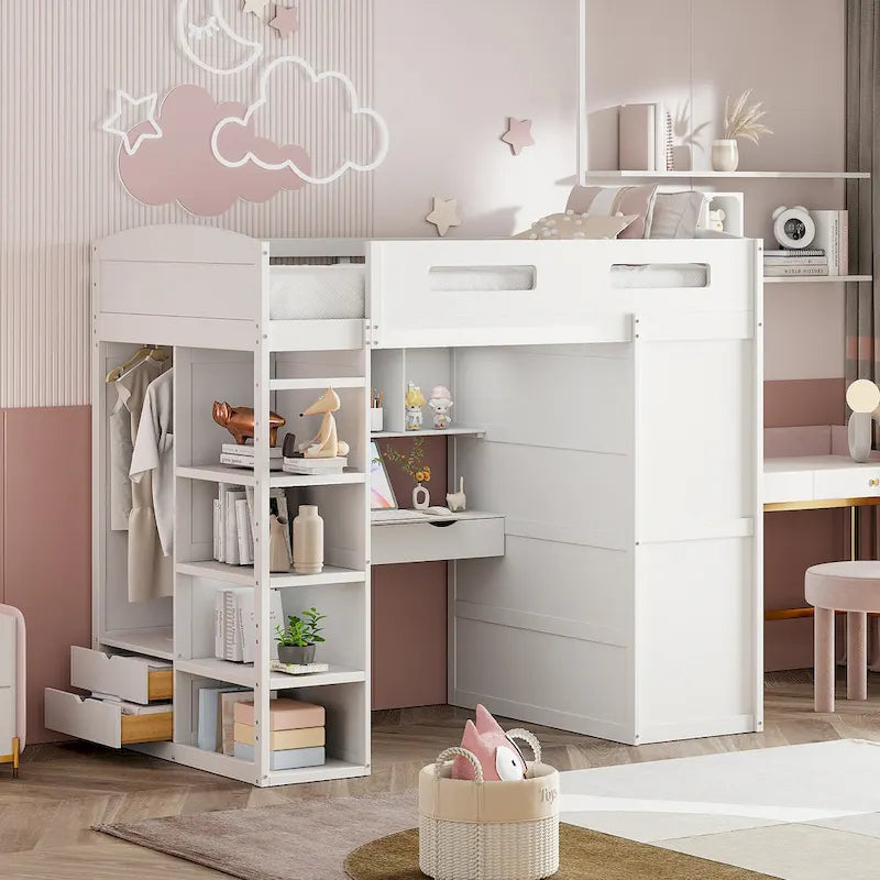 Letto a soppalco singolo con scrivania, armadi, 4 cassetti e 4 mensole