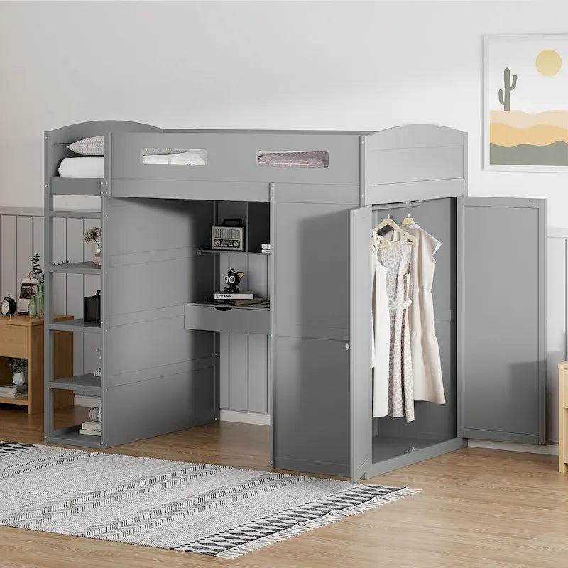 Letto a soppalco singolo con scrivania, armadi, 4 cassetti e 4 mensole