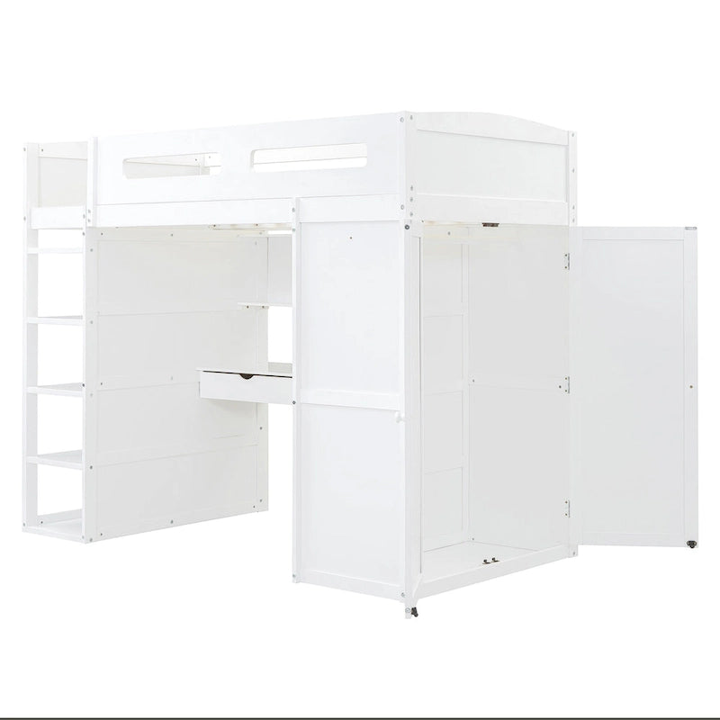 Letto a soppalco singolo con scrivania, armadi, 4 cassetti e 4 mensole