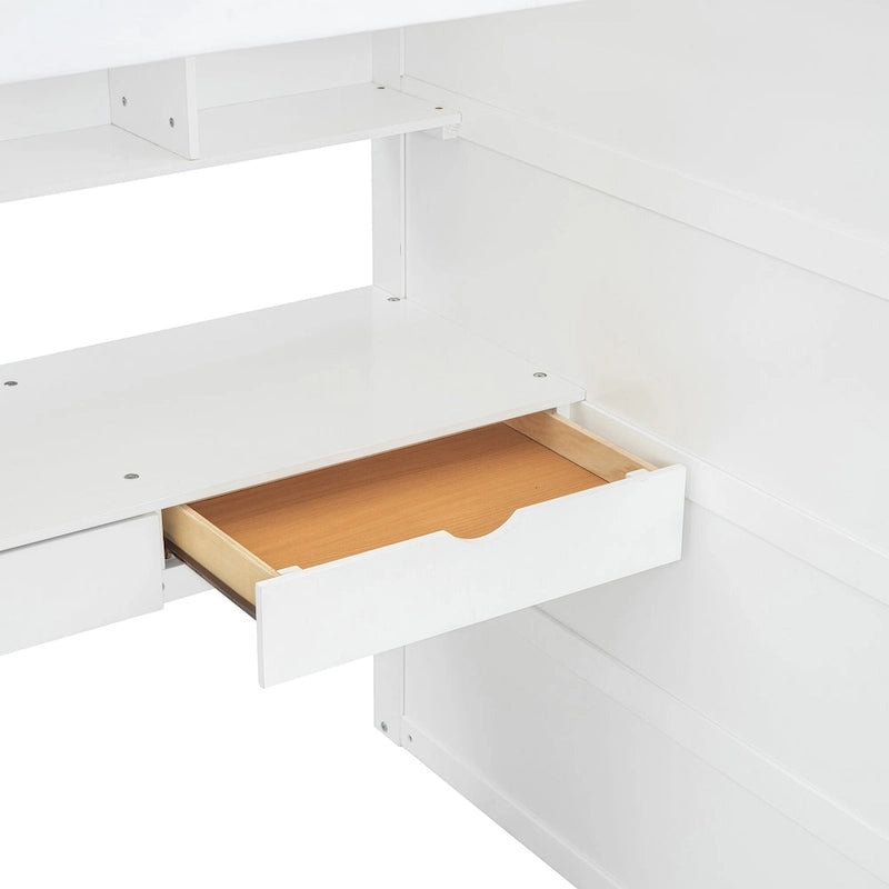 Letto a soppalco singolo con scrivania, armadi, 4 cassetti e 4 mensole