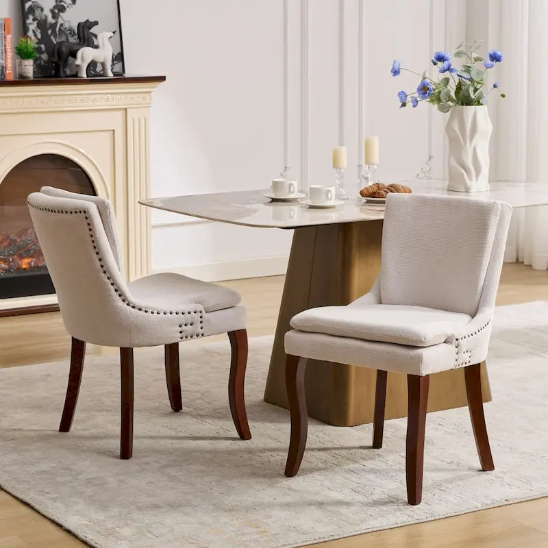 Lot de 2 chaises de salle à manger rembourrées à double couche en chenille, chaise à dossier mi-haut avec garniture de clous décoratifs et pieds en bois courbé