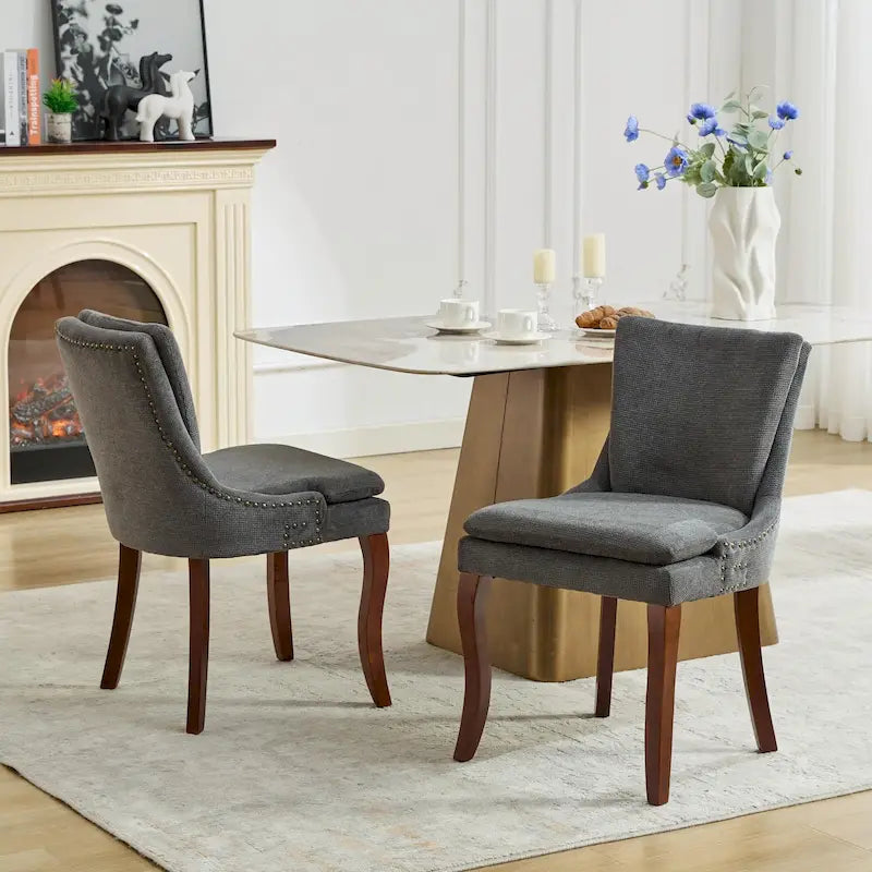 Lot de 2 chaises de salle à manger rembourrées à double couche en chenille, chaise à dossier mi-haut avec garniture de clous décoratifs et pieds en bois courbé