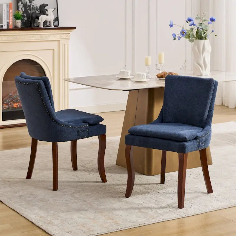 Lot de 2 chaises de salle à manger rembourrées à double couche en chenille, chaise à dossier mi-haut avec garniture de clous décoratifs et pieds en bois courbé