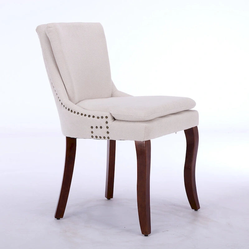 Lot de 2 chaises de salle à manger rembourrées à double couche en chenille, chaise à dossier mi-haut avec garniture de clous décoratifs et pieds en bois courbé