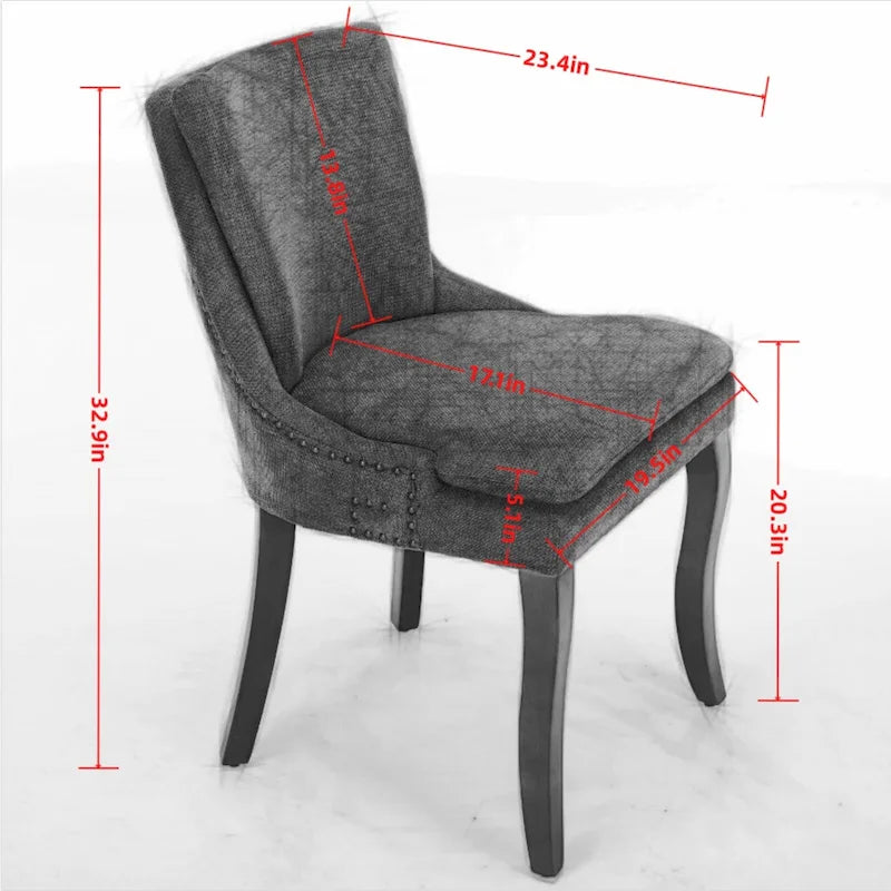 Set di 2 sedie da pranzo imbottite a doppio strato, sedia in ciniglia con schienale medio e bordino con borchie, sedia laterale con gambe in legno curvato
