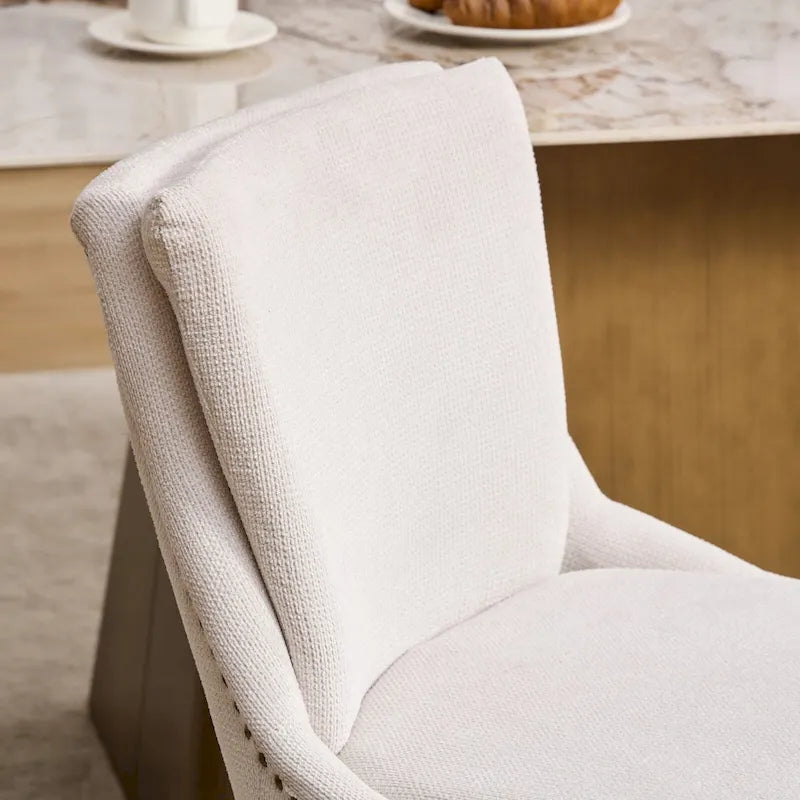 Set di 2 sedie da pranzo imbottite a doppio strato, sedia in ciniglia con schienale medio e bordino con borchie, sedia laterale con gambe in legno curvato