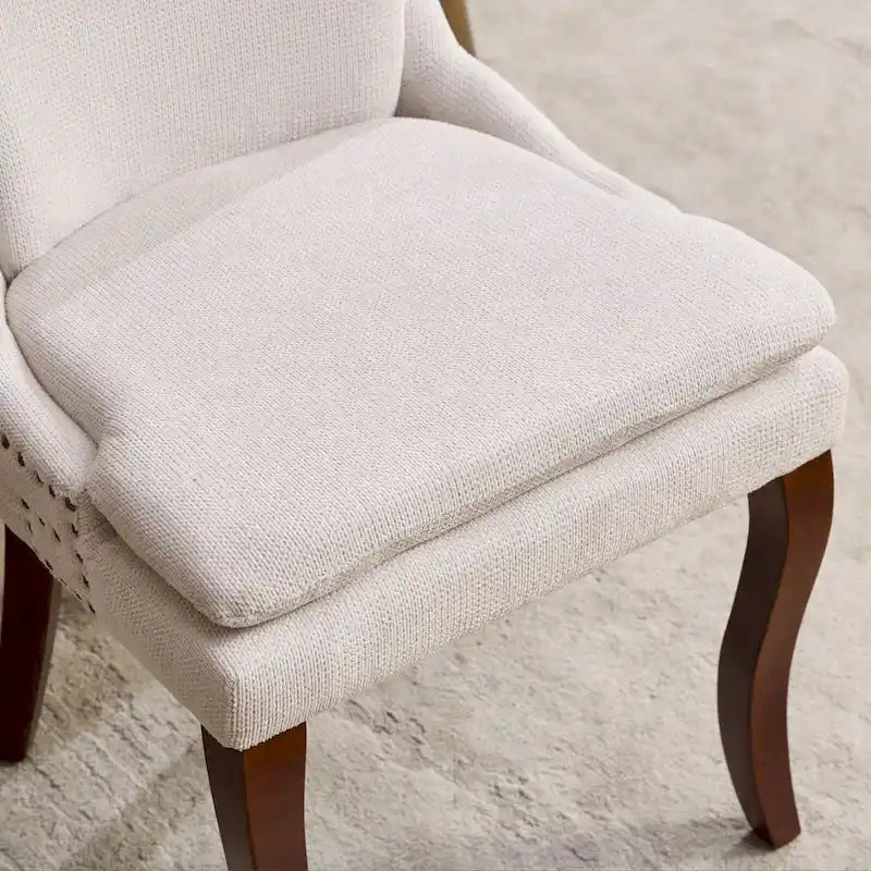 Set di 2 sedie da pranzo imbottite a doppio strato, sedia in ciniglia con schienale medio e bordino con borchie, sedia laterale con gambe in legno curvato