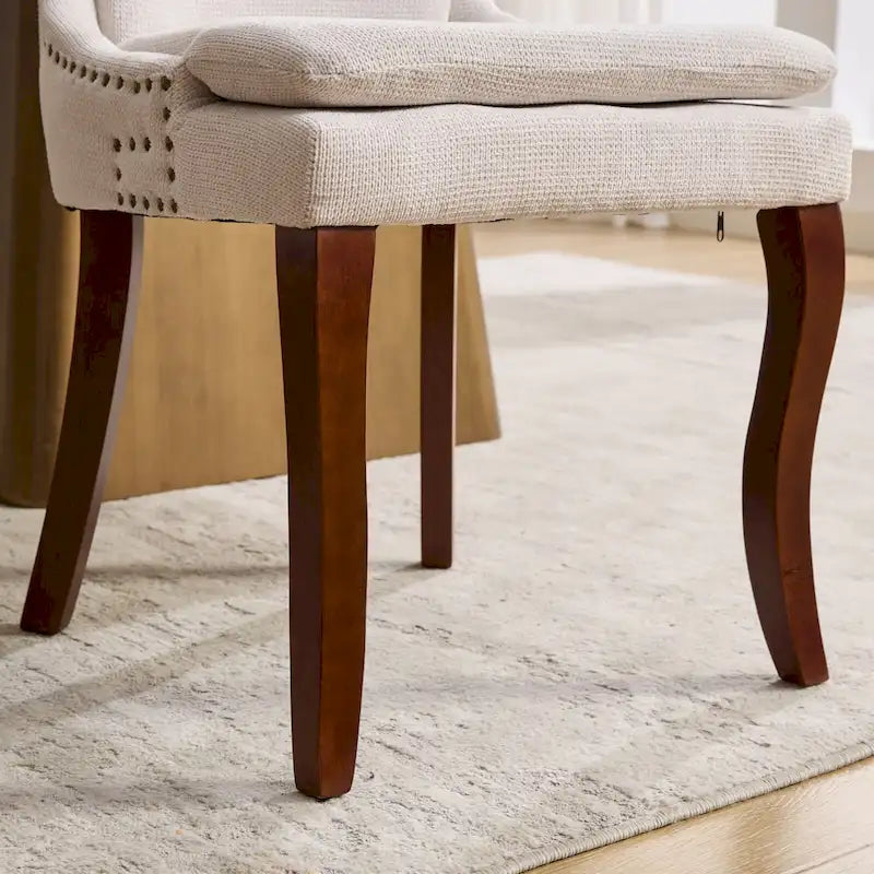 Set di 2 sedie da pranzo imbottite a doppio strato, sedia in ciniglia con schienale medio e bordino con borchie, sedia laterale con gambe in legno curvato