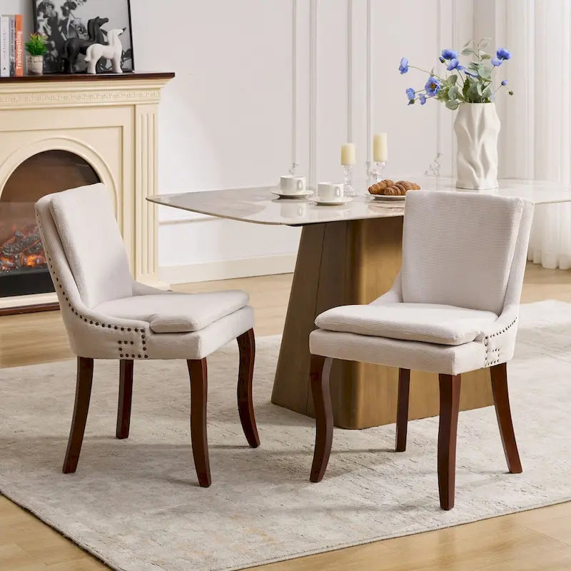 Set di 2 sedie da pranzo imbottite a doppio strato, sedia in ciniglia con schienale medio e bordino con borchie, sedia laterale con gambe in legno curvato