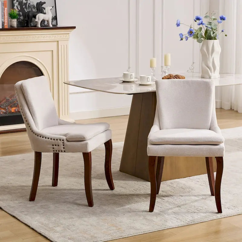 Set di 2 sedie da pranzo imbottite a doppio strato, sedia in ciniglia con schienale medio e bordino con borchie, sedia laterale con gambe in legno curvato