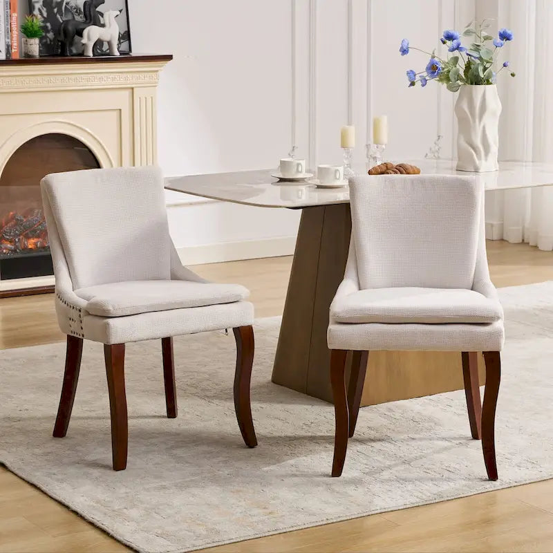 Set di 2 sedie da pranzo imbottite a doppio strato, sedia in ciniglia con schienale medio e bordino con borchie, sedia laterale con gambe in legno curvato