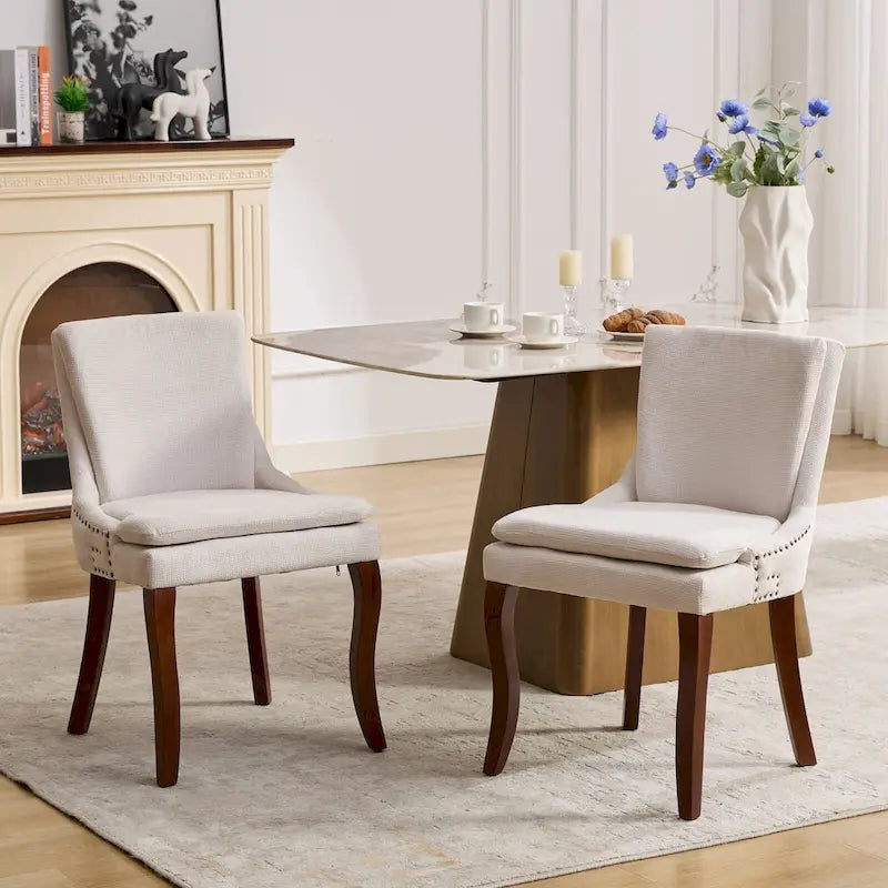 Set di 2 sedie da pranzo imbottite a doppio strato, sedia in ciniglia con schienale medio e bordino con borchie, sedia laterale con gambe in legno curvato