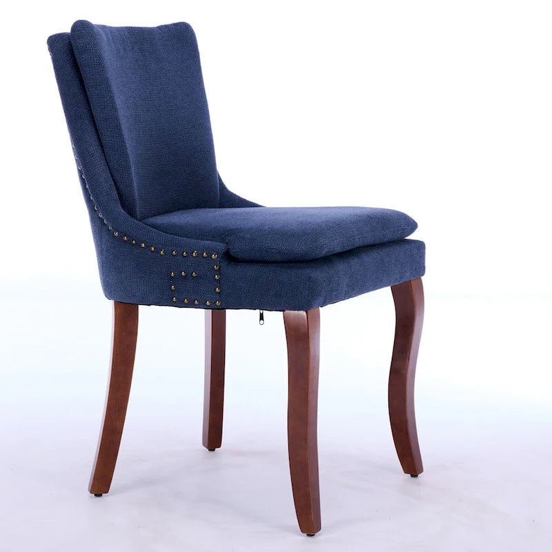 Set di 2 sedie da pranzo imbottite a doppio strato, sedia in ciniglia con schienale medio e bordino con borchie, sedia laterale con gambe in legno curvato