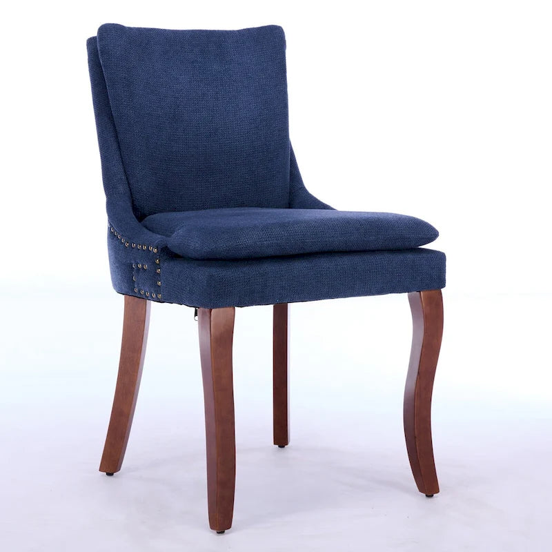 Set di 2 sedie da pranzo imbottite a doppio strato, sedia in ciniglia con schienale medio e bordino con borchie, sedia laterale con gambe in legno curvato