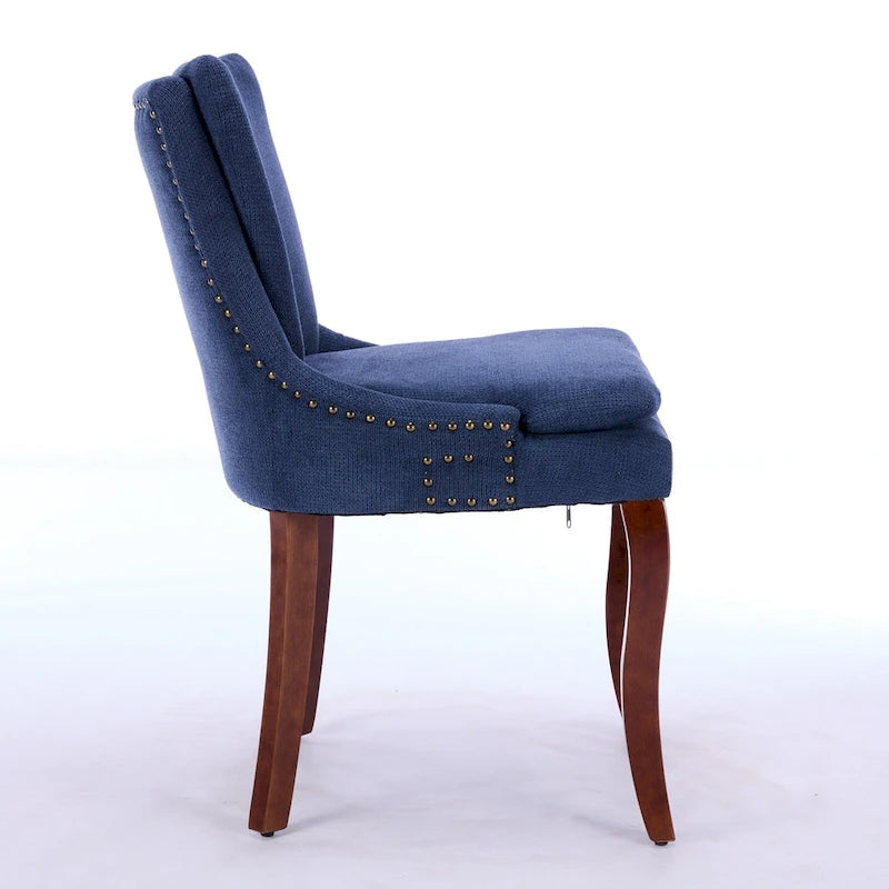 Set di 2 sedie da pranzo imbottite a doppio strato, sedia in ciniglia con schienale medio e bordino con borchie, sedia laterale con gambe in legno curvato