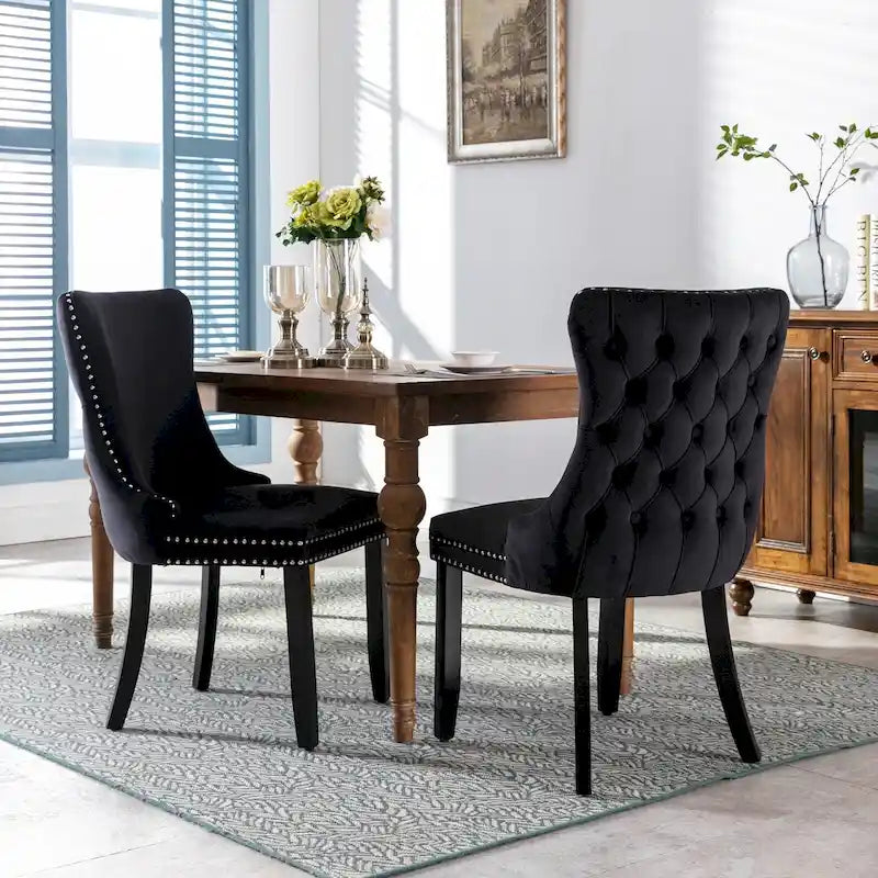 Chaise de salle à manger en velours à dossier en aile avec bordure à clous décoratifs - lot de 2