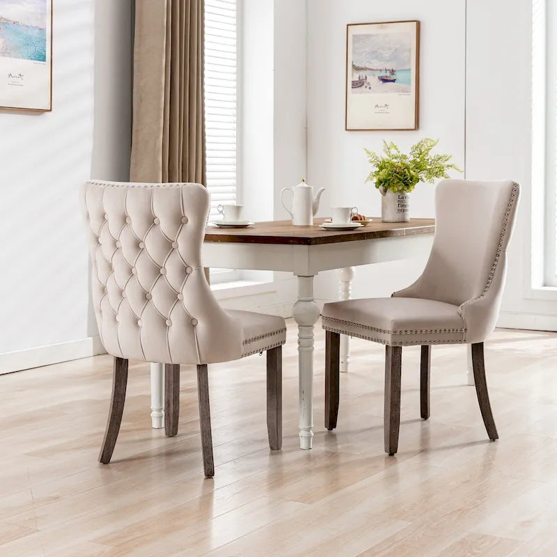 Chaise de salle à manger en velours à dossier en aile avec bordure à clous décoratifs - lot de 2