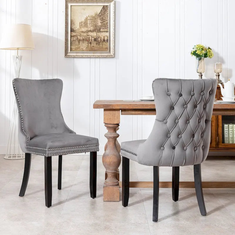 Chaise de salle à manger en velours à dossier en aile avec bordure à clous décoratifs - lot de 2