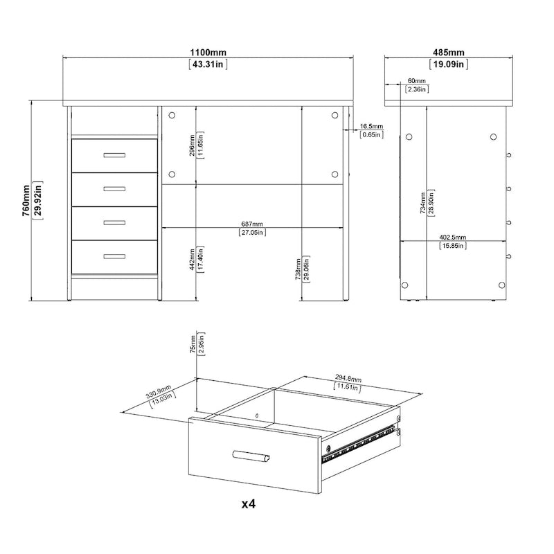 Bureau à domicile à 4 tiroirs avec étagère ouverte - design scandinave