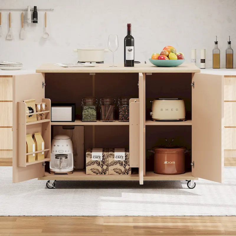 Isola da cucina da 51" con impiallacciatura in frassino, ante intrecciate a mano e piano ribaltabile