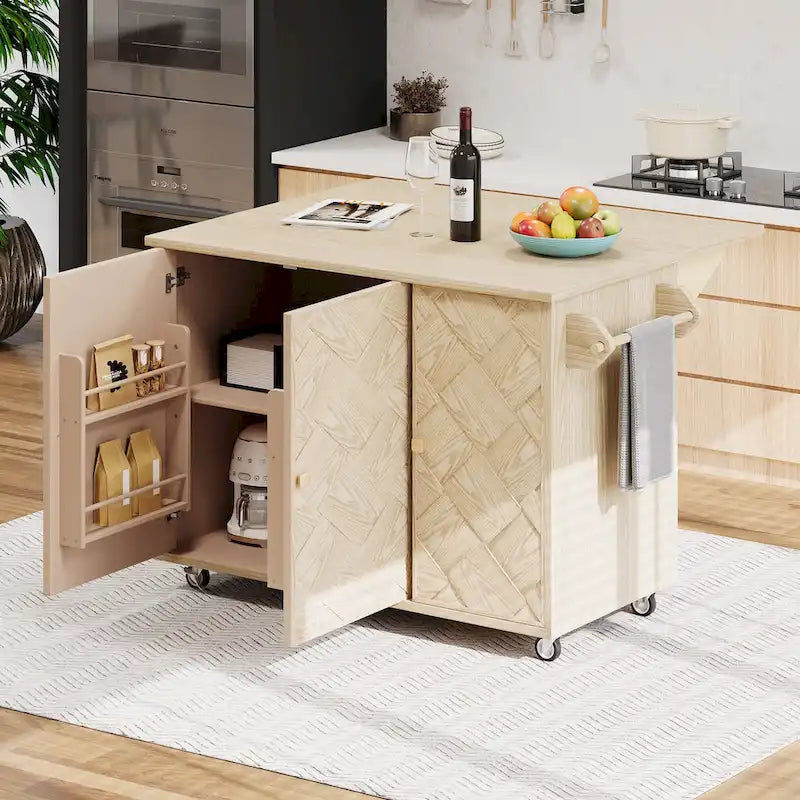 Isola da cucina da 51" con impiallacciatura in frassino, ante intrecciate a mano e piano ribaltabile