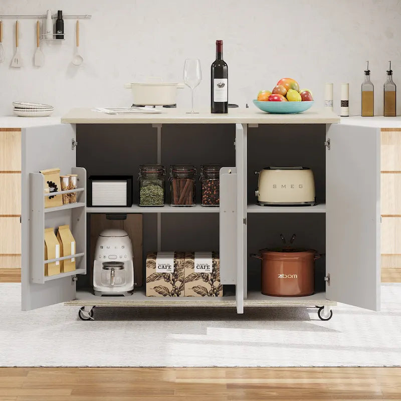 Isola da cucina da 51" con impiallacciatura in frassino, ante intrecciate a mano e piano ribaltabile
