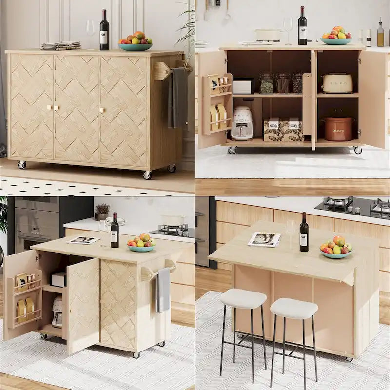 Isola da cucina da 51" con impiallacciatura in frassino, ante intrecciate a mano e piano ribaltabile