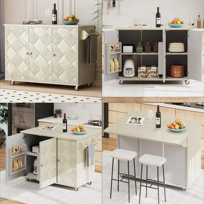 Isola da cucina da 51" con impiallacciatura in frassino, ante intrecciate a mano e piano ribaltabile