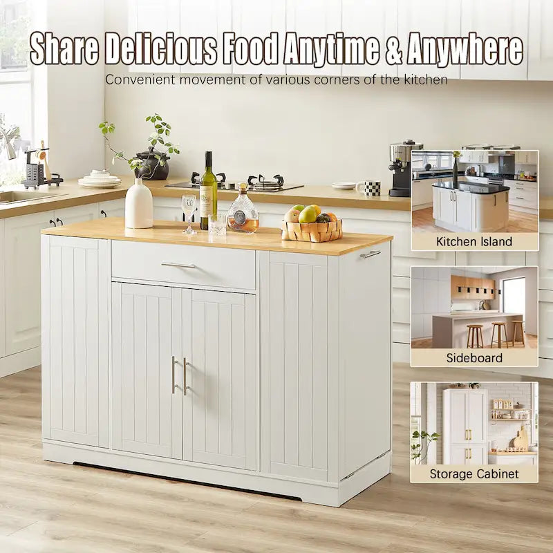 Grande isola da cucina da 53 pollici con mobile contenitore per bidone della spazzatura (sgabello non incluso)