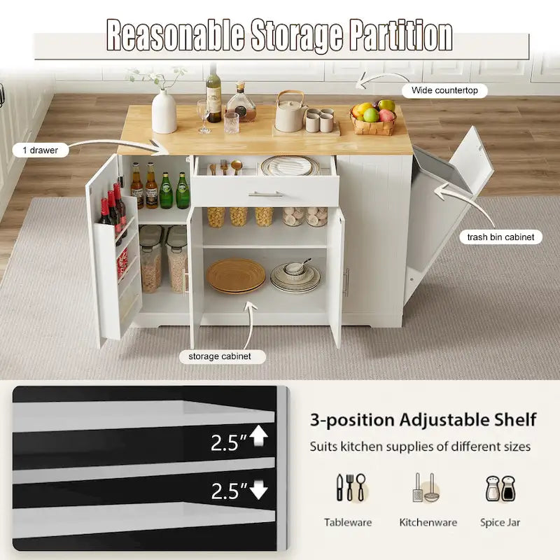 Grande isola da cucina da 53 pollici con mobile contenitore per bidone della spazzatura (sgabello non incluso)