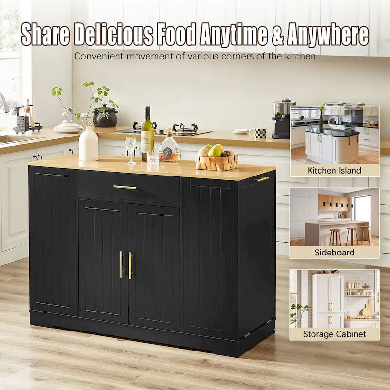 Grande isola da cucina da 53 pollici con mobile contenitore per bidone della spazzatura (sgabello non incluso)