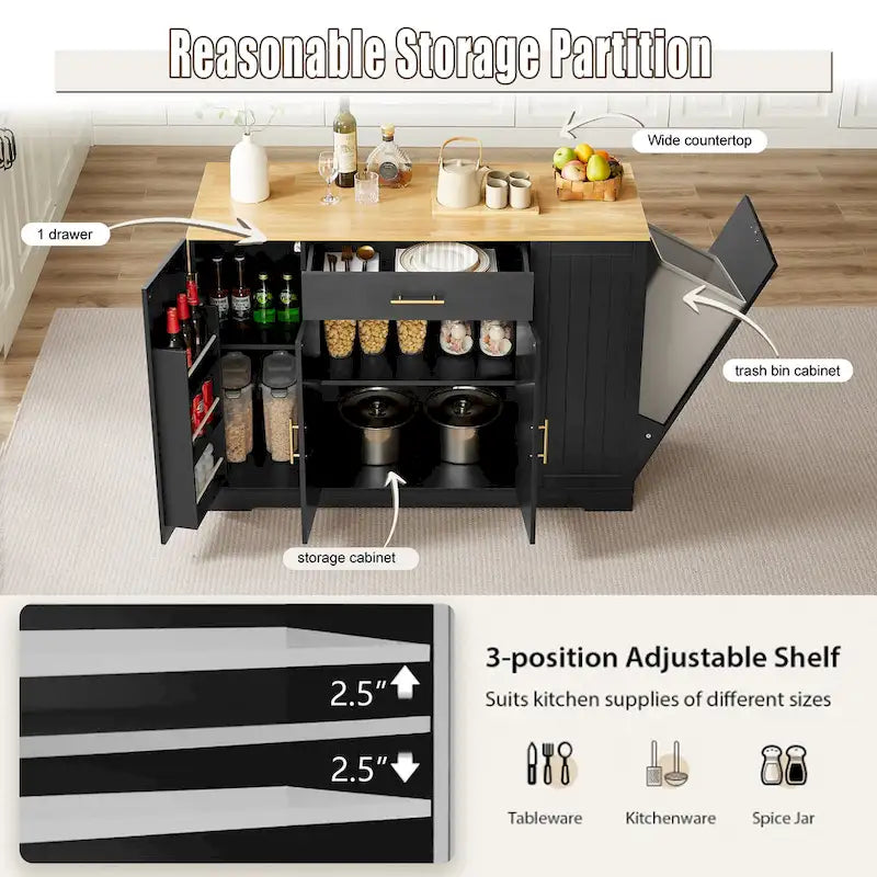 Grande isola da cucina da 53 pollici con mobile contenitore per bidone della spazzatura (sgabello non incluso)