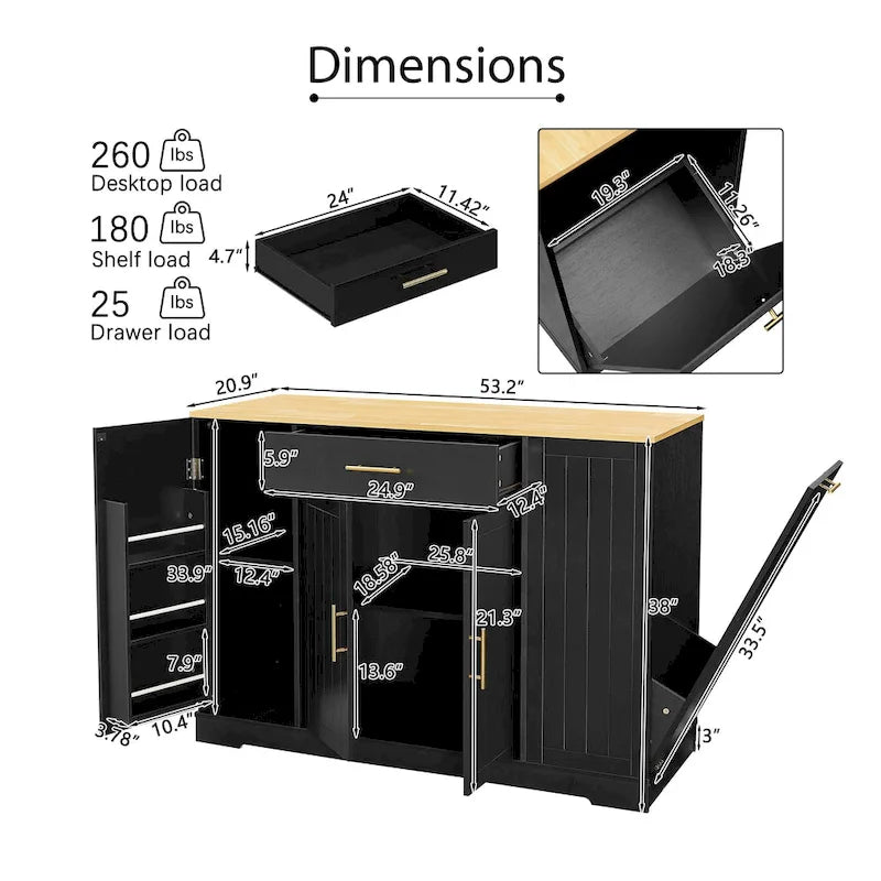 Grande isola da cucina da 53 pollici con mobile contenitore per bidone della spazzatura (sgabello non incluso)