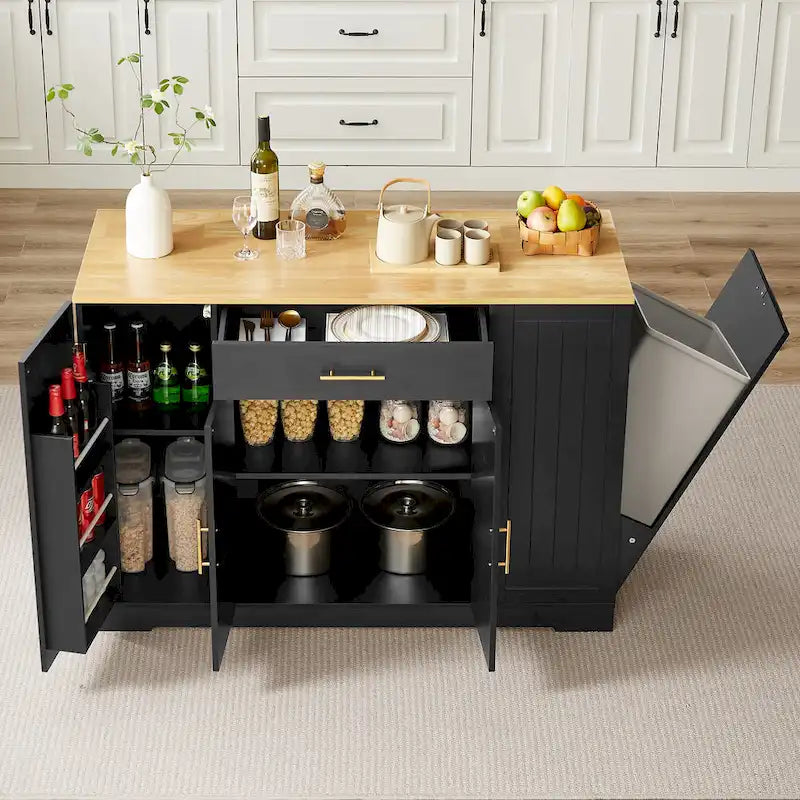 Grande isola da cucina da 53 pollici con mobile contenitore per bidone della spazzatura (sgabello non incluso)