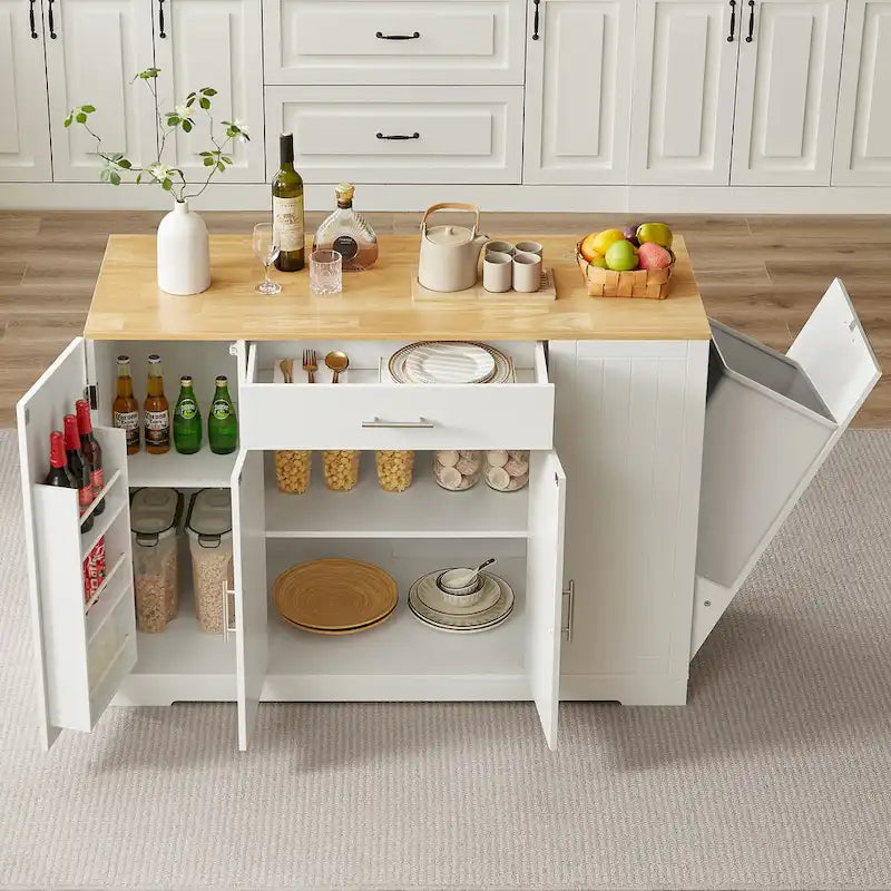 Grande isola da cucina da 53 pollici con mobile contenitore per bidone della spazzatura (sgabello non incluso)