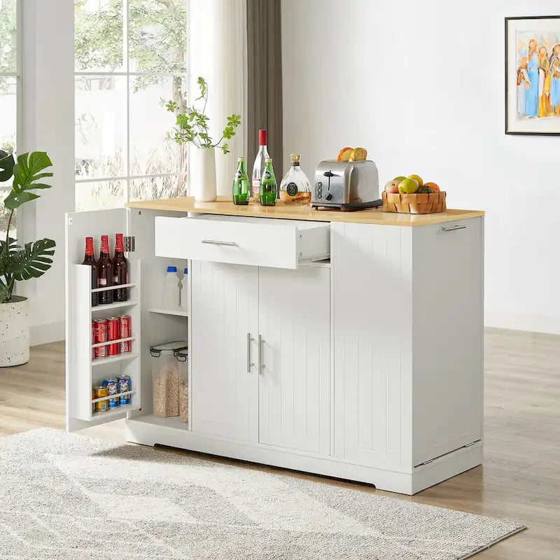 Grande isola da cucina da 53 pollici con mobile contenitore per bidone della spazzatura (sgabello non incluso)